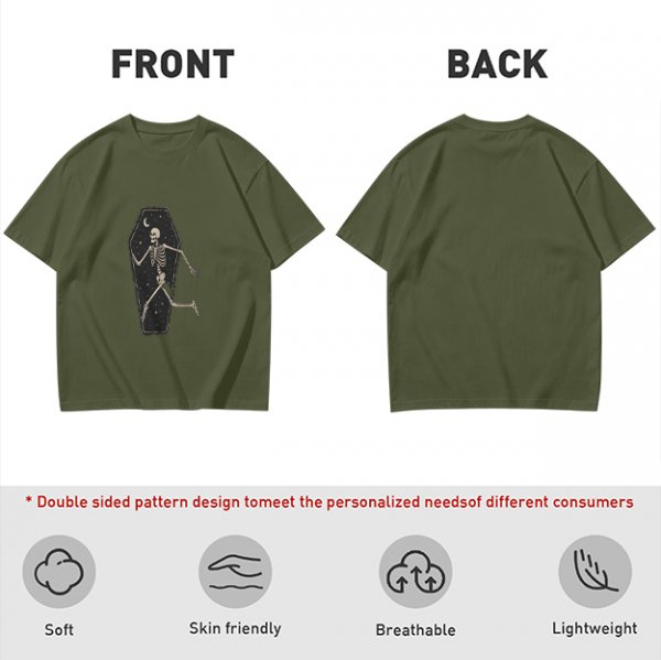 Olive t-shirt with skeleton running from starry coffin graphic