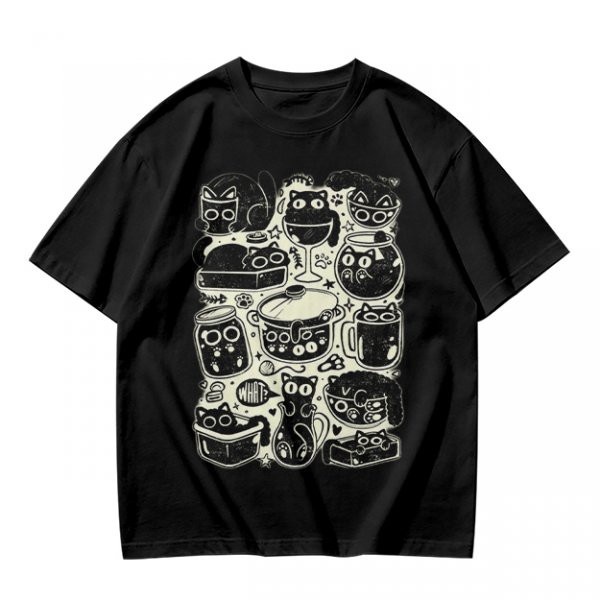 Olive Green T-Shirt With Playful Black Cats In Kitchenware Print
