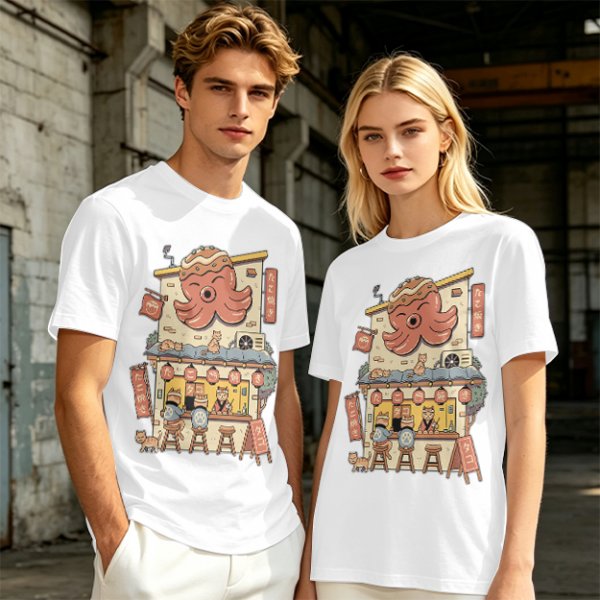 Olive T-Shirt with Octopus Takoyaki Shop Cat Art Print