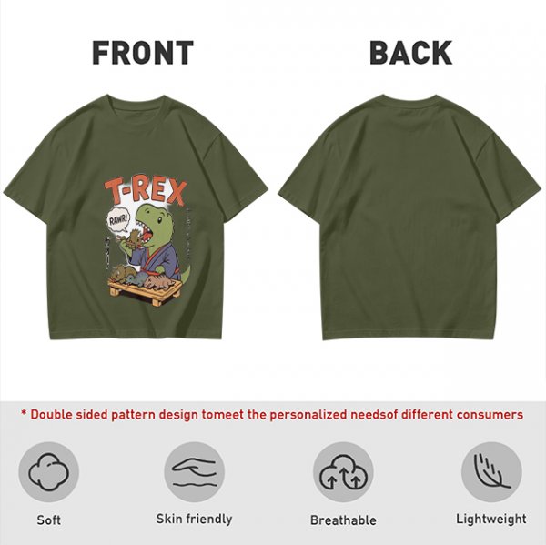 Olive T-shirt with cartoon T-Rex holding small dinosaurs and RAWR text