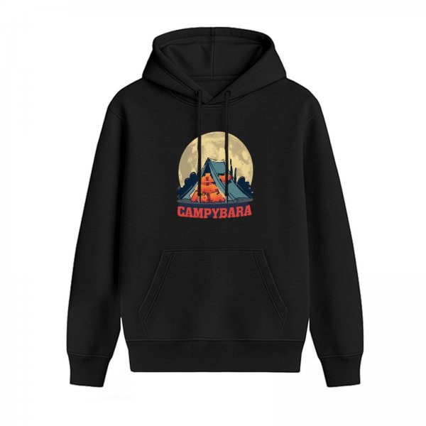 Black Hoodie With Campybara Camping Moon Graphic Design