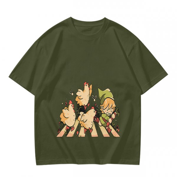Olive Green T-Shirt With Chasing Chickens And Elf Character Print