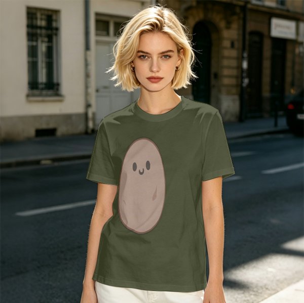 Olive Green T-Shirt With Cute Smiling Potato Graphic