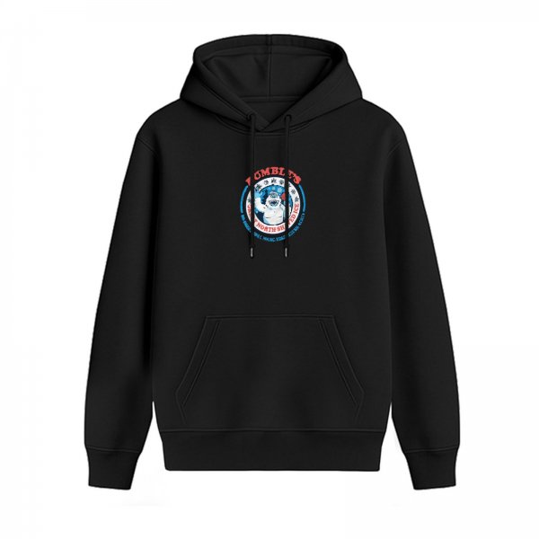 Black hoodie with circular yeti graphic and North Pole themed print