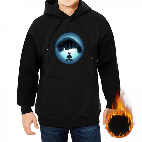Black hoodie with glowing blue circle print featuring skeleton and large creature