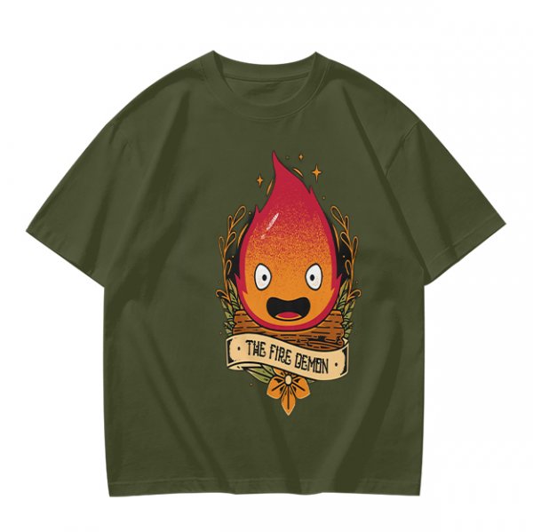 Olive T-Shirt Featuring Calcifer The Fire Demon Artwork