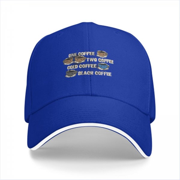 Black baseball cap with coffee themed text and cute cup illustrations