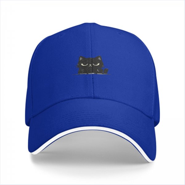 Black Baseball Cap With Grumpy Black Cat Graphic Design