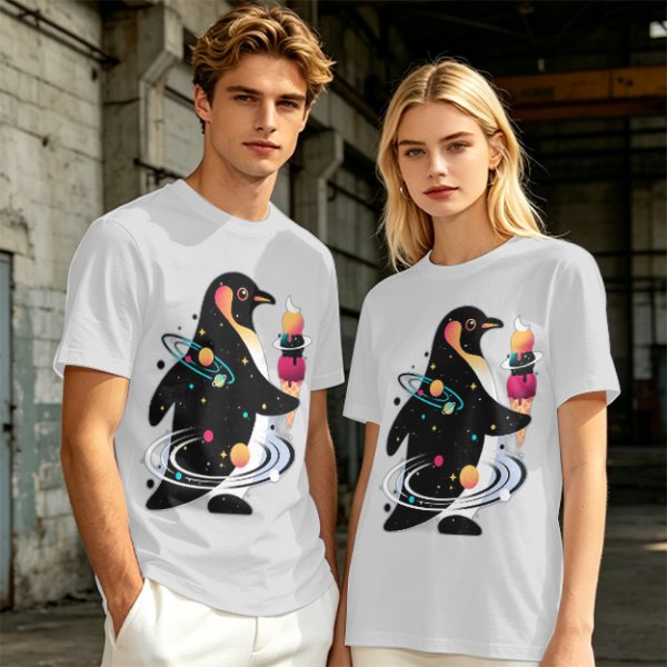 Olive T-Shirt With Cosmic Penguin And Ice Cream Print