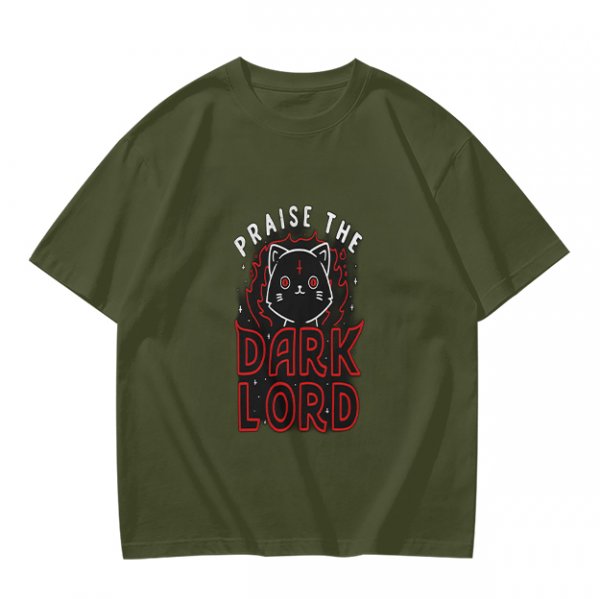 Olive t-shirt with 'Praise the Dark Lord' and dark cat graphic