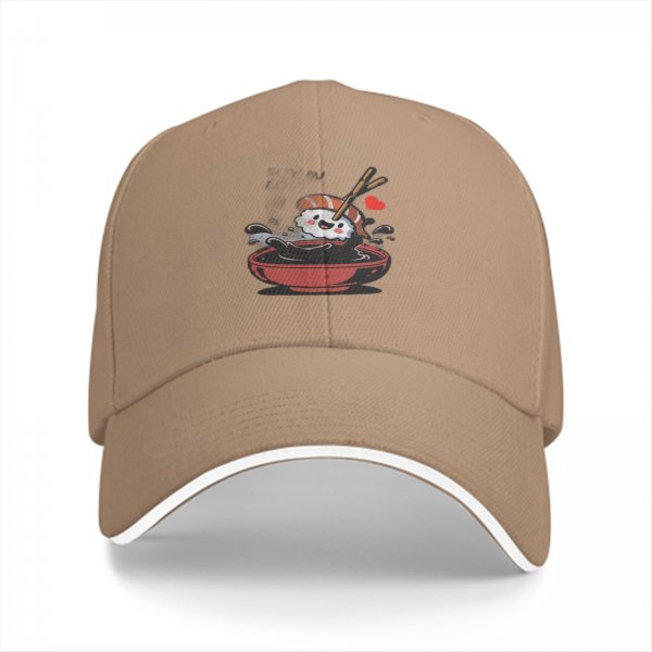 Black Baseball Cap With Cute Sushi In Soy Sauce Bowl Graphic