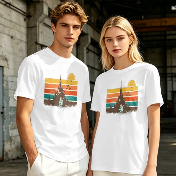 Olive T-Shirt With Retro Sunset Fantasy Castle Graphic