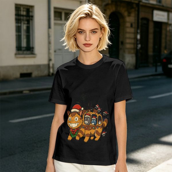 Christmas Catbus T-Shirt with Festive Spirited Away Characters