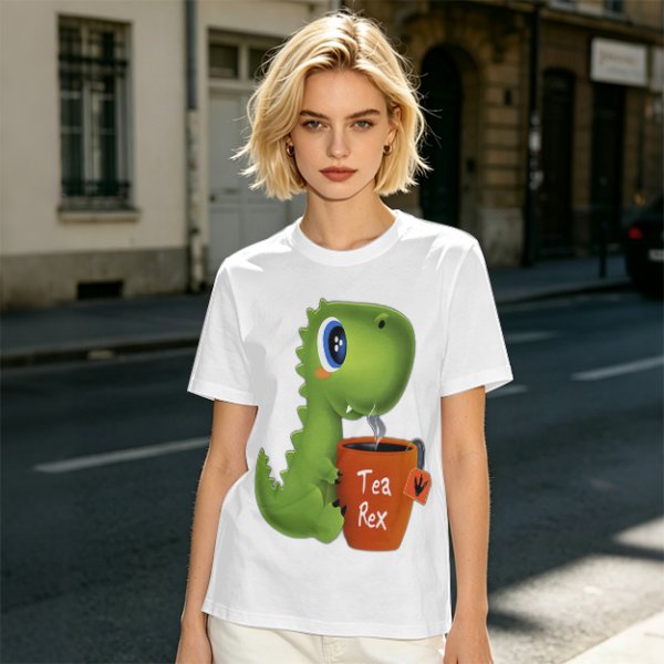 Olive green t-shirt with cute Tea Rex dinosaur holding a steaming tea mug