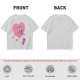 Oversized Olive T-Shirt with Retro Walking Pink Heart Cartoon Graphic