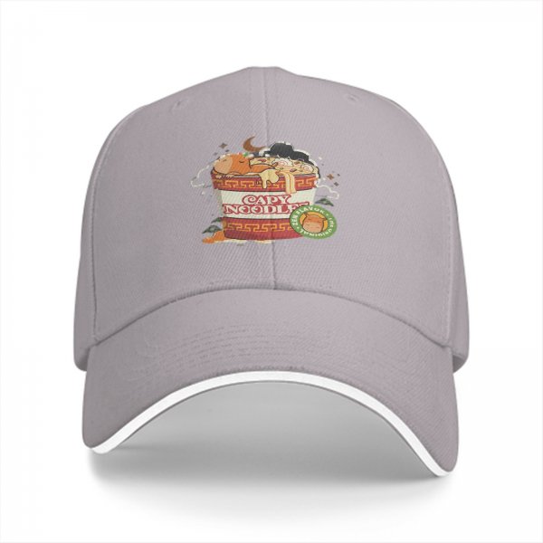 Black baseball cap with capybara in ramen cup graphic