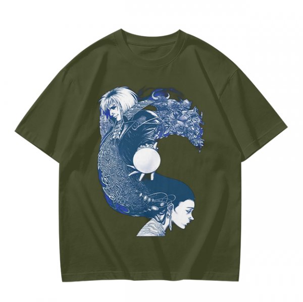 Olive T-Shirt With Two Facing Fantasy Figures And Orb Art Print