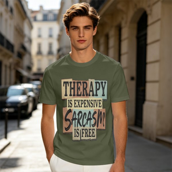 Olive graphic tee with 'Therapy is expensive sarcasm is free' print
