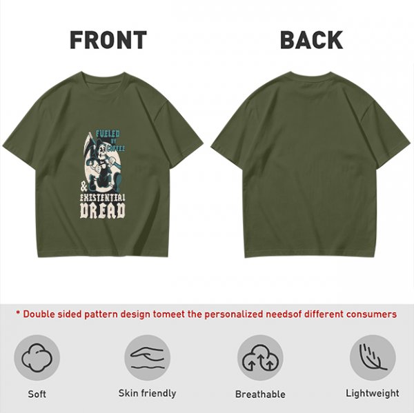 Olive graphic t-shirt with 'Fueled by Coffee & Existential Dread' grim reaper print