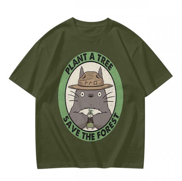 Olive green Totoro graphic t-shirt with plant a tree save the forest slogan