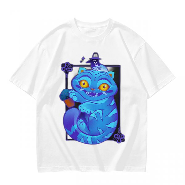 Olive T-Shirt With Cheshire Cat And Crow Graphic Print