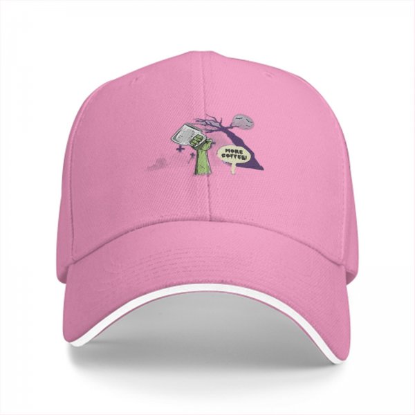 Black baseball cap with 'More Coffee!' monster graphic print