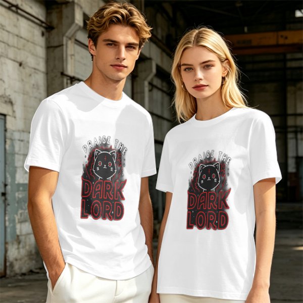 Olive t-shirt with 'Praise the Dark Lord' and dark cat graphic