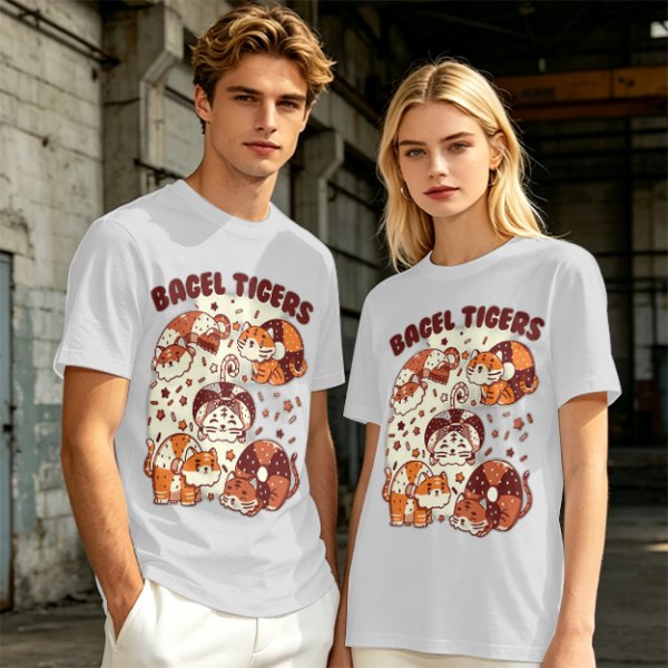 Olive Green T-Shirt With Cute Bagel Tigers Graphic Print