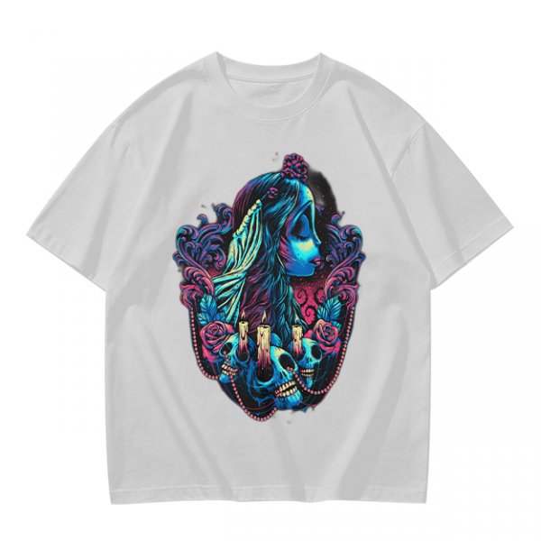 Olive T-Shirt with Gothic Corpse Bride Skull Candle Rose Print