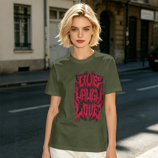 Olive green graphic t-shirt with dark metal style Live Laugh Love print