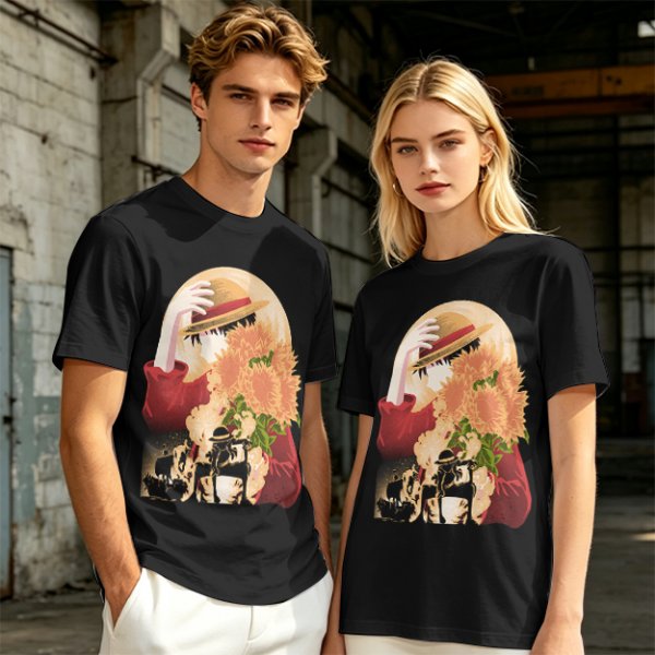 Olive anime graphic t-shirt with straw hat and sunflowers