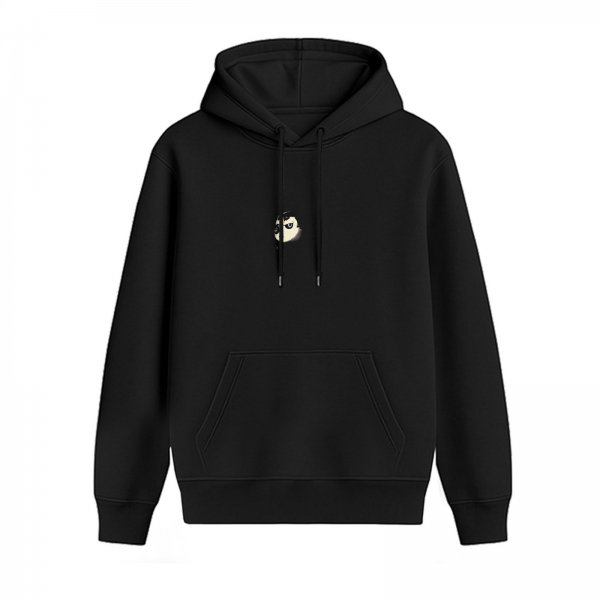 Black Hoodie With Small Cartoon Face Graphic On Chest