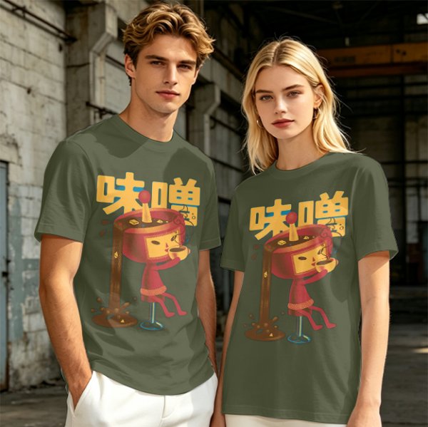 Olive green t-shirt with whimsical miso character graphic print