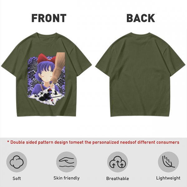 Olive T-Shirt With Witch Anime Girl and Cat Silhouette Print