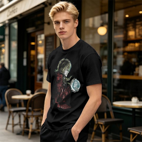 Olive Green T-Shirt With Goblin King Holding Crystal Ball Art