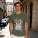 Olive graphic t-shirt with tropical sunset wave and palm tree print