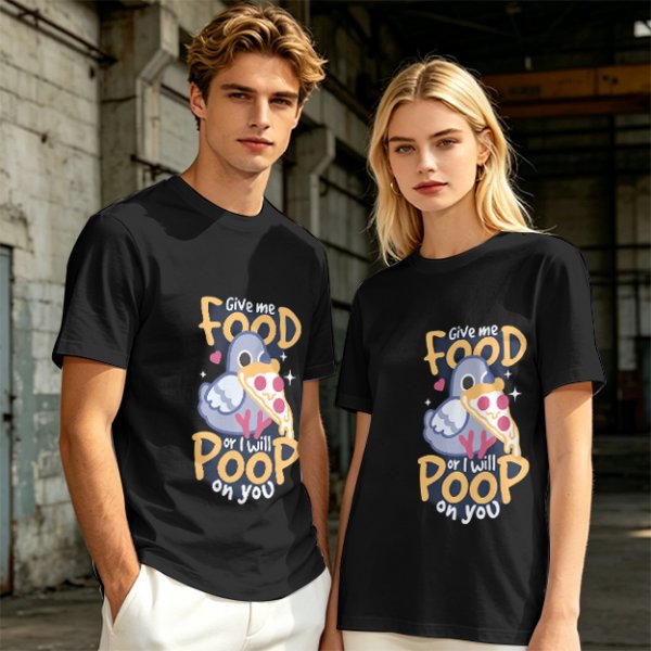 Olive t-shirt with funny pigeon pizza 'Give me food or I will poop' print