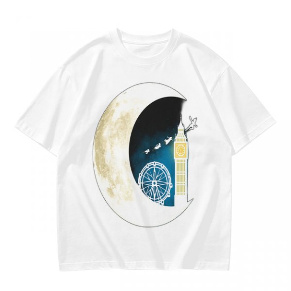 Olive T-Shirt with Crescent Moon London Skyline Flying Figures Print