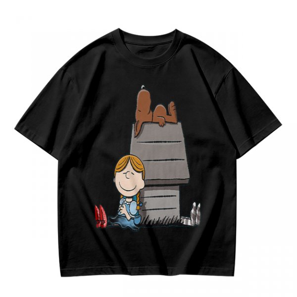 Olive T-Shirt with Peanuts Style Girl and Dog on Doghouse Print