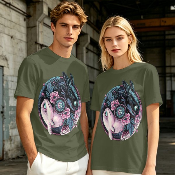 Olive T-Shirt with Yin Yang Dragon Floral Sun Moon Art