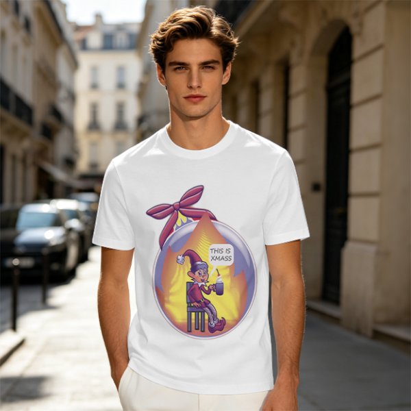 Olive Christmas Elf Ornament T-Shirt with 'This is Xmass' Print