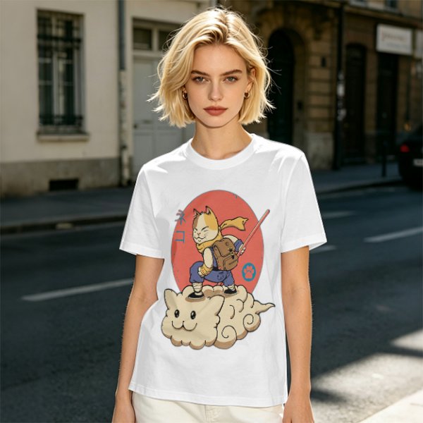 Olive T-shirt with a cat warrior riding a flying cloud graphic