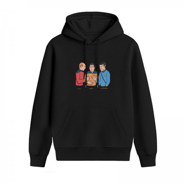 Black Hoodie with Star Trek Themed Cartoon Characters Print