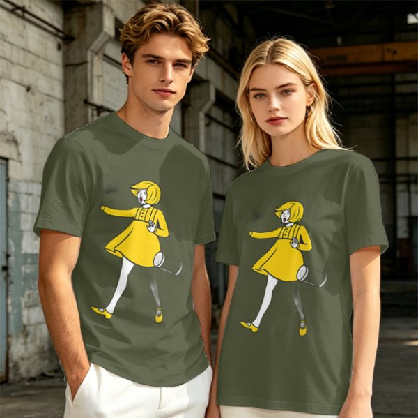 Olive Green T-Shirt With Whimsical Yellow Girl Graphic Print