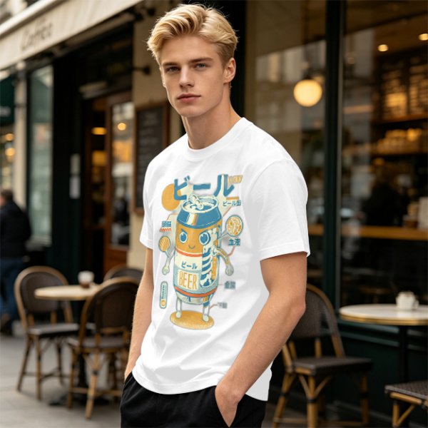 Olive T-Shirt With Kawaii Beer Can Robot Graphic