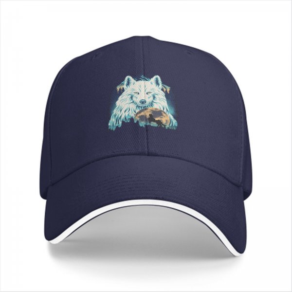 Black Baseball Cap With White Wolf And Moon Graphic Design