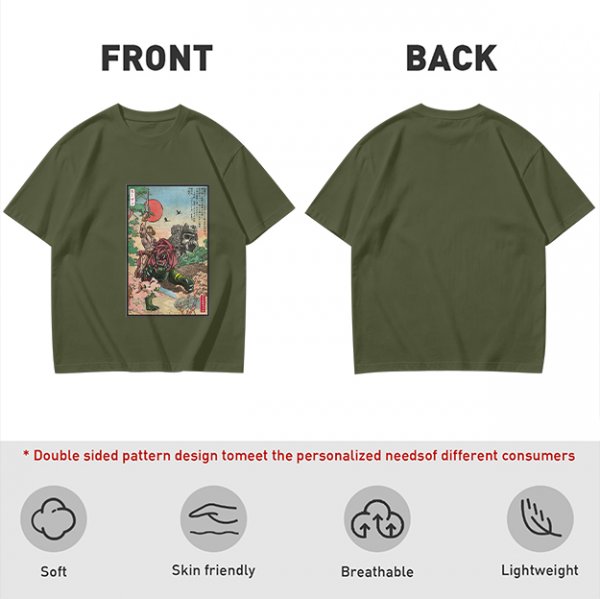 Olive T-shirt with ukiyo-e style fantasy creature graphic print