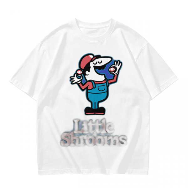 Olive T-shirt with Cartoon Character Holding Mushrooms Print