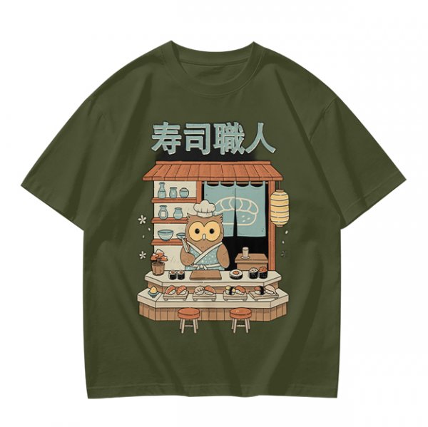 Owl sushi chef at Japanese sushi shop graphic t-shirt