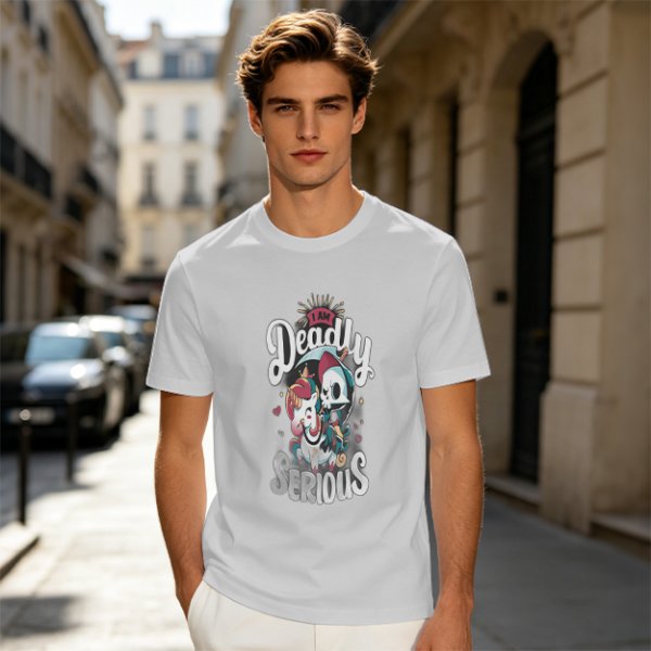 Olive graphic t-shirt with 'I Am Deadly Serious' and unicorn grim reaper art